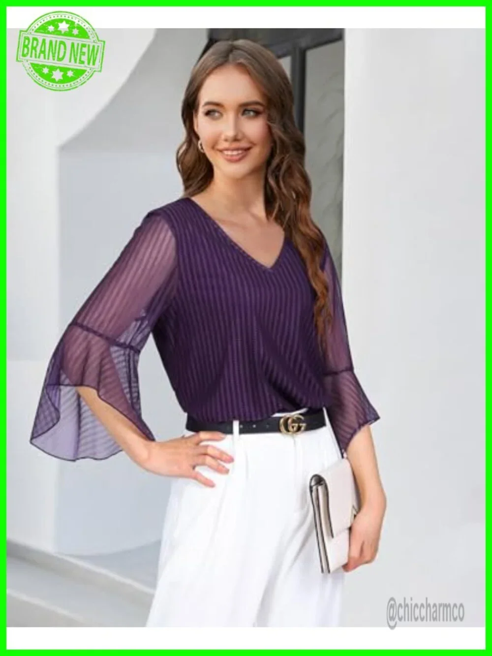 Women's V Neck 3/4 Ruffle Bell Sleeve Blouse Double Layers Mesh Tunic Top